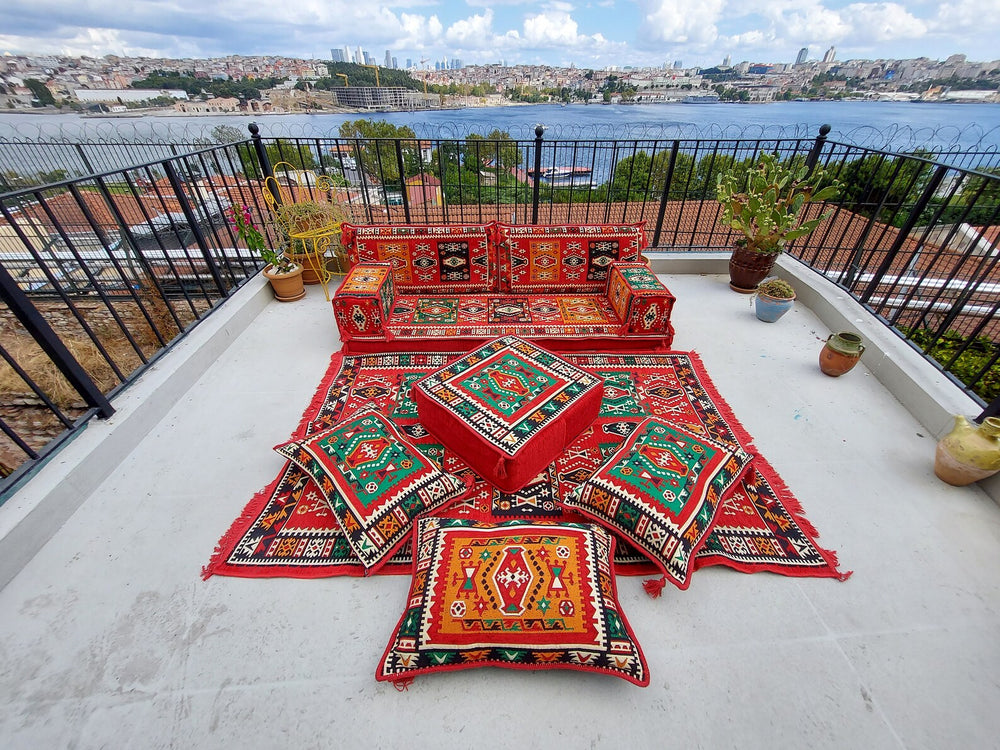 Red Turkish Floor Sofa Set, Floor Cushions, Traditional Floor Couches, French Mattress, Ottoman Couch and Rug, Ethnic Sofa, Arabic Majlis, Sectional Sofa - Arabic Sofa
