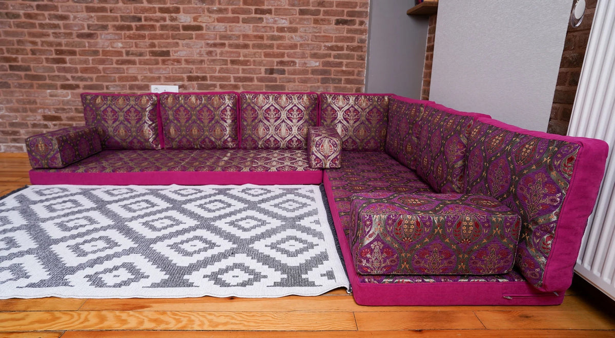Premium L Shaped Pink Arabic Sofa Set, Floor Cushions, Arabic Seating