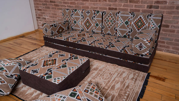 Premium Sofa Set, Brown Arabic Sofa Set, Floor Cushions, Ottoman Couch and Rug, Living Room Sofa, Arabic Floor Seating Sofa, Backrest Pillows, Moroccan Sofas, Arabic Majlis - Arabic Sofa