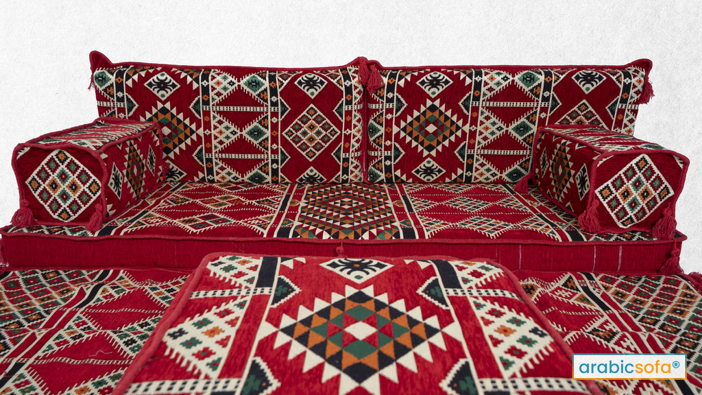 Red Kilim Arabic Sofa With Ottoman Couch and Rug - Arabic Sofa