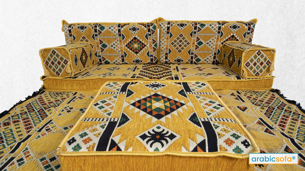 Yellow Kilim Arabic Sofa With Ottoman Couch and Rug - Arabic Sofa