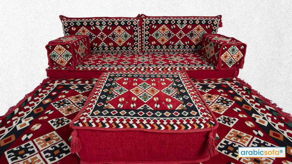 Red Urgup Arabic Sofa With Ottoman Couch and Rug - Arabic Sofa
