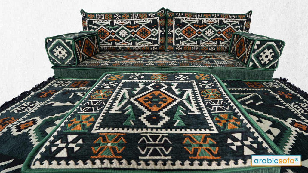Green Anatolia Arabic Sofa With Ottoman Couch and Rug - Arabic Sofa